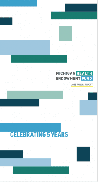 2018 annual report cover with tagline "Celebrating 5 Years." Features various blue and green bars and boxes.