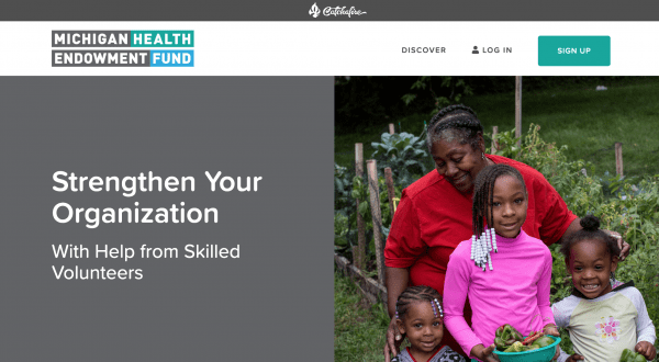 Screenshot of Health Fund Catchafire portal with both logos, a login button, a photo of a family, and the words "Strengthen your organization"